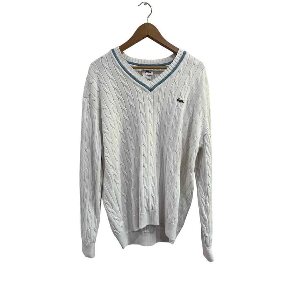 Lacoste Sport White Cable Knit V Neck Tennis Preppy Oversized Sweater Size 6